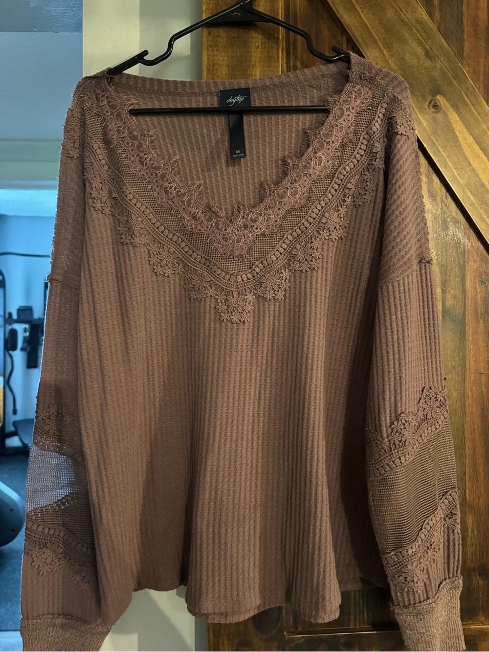 Daytrip Mauve Brown Lace Trim Waffle-Knit Long Sleeve Top